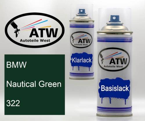 BMW, Nautical Green, 322: 400ml Sprühdose + 400ml Klarlack - Set, von ATW Autoteile West.